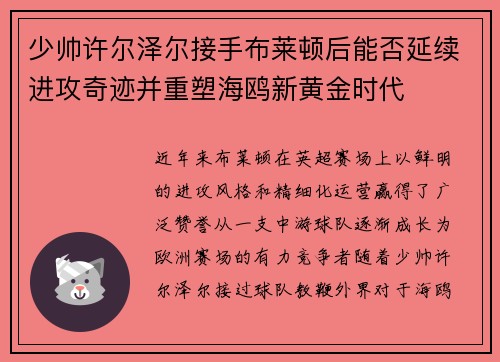 少帅许尔泽尔接手布莱顿后能否延续进攻奇迹并重塑海鸥新黄金时代